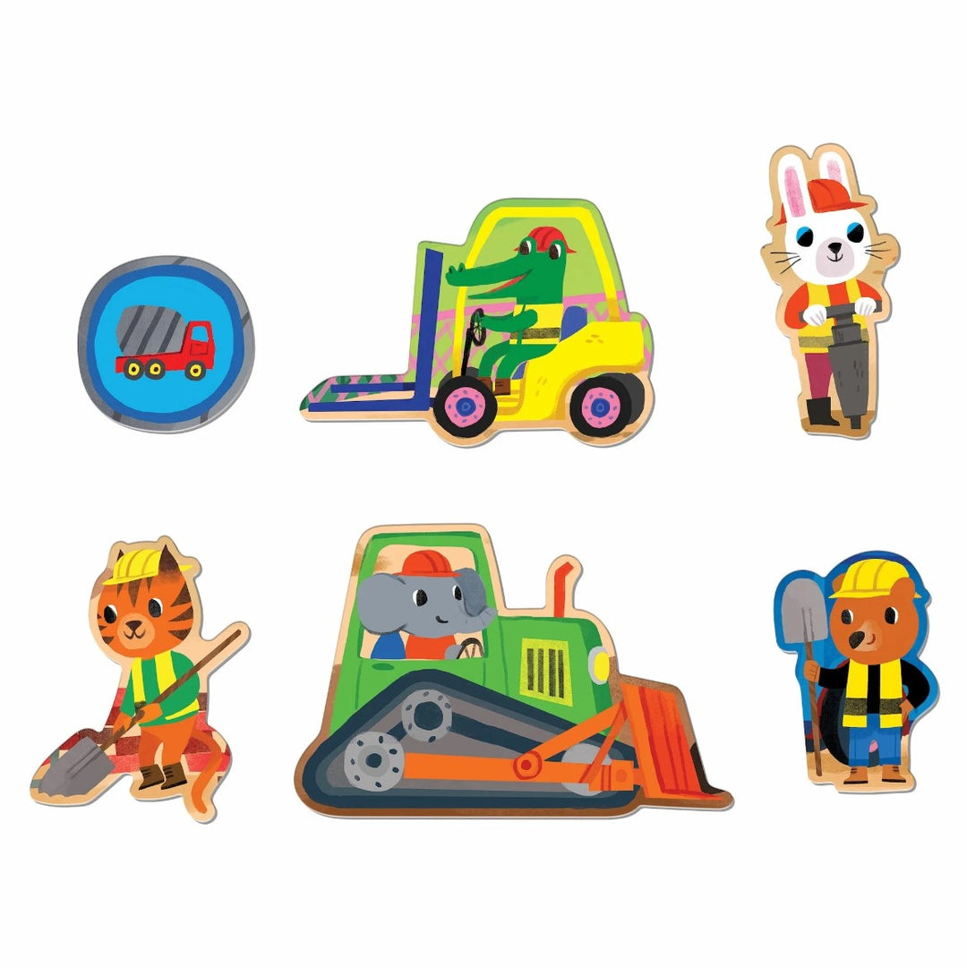 Set of colorful children's construction-themed wooden toys on a white background