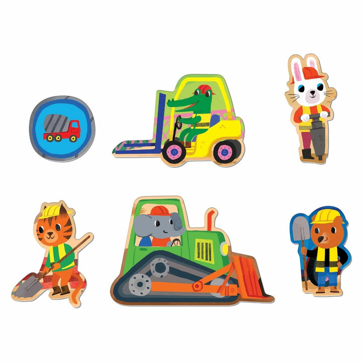 Set of colorful children's construction-themed wooden toys on a white background