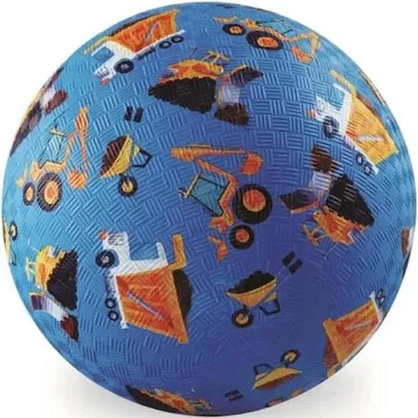 Blue ball with construction vehicle pattern on a white background
