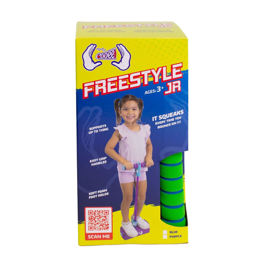 Boxed Freestyle 3+ JR foam push-up trampoline toy in blue-purple, shown in its retail packaging with a photo of a child on the front.