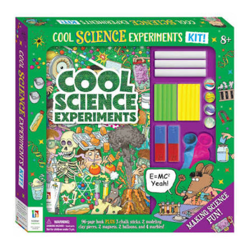 science experiments kit packaging with green and purple tones and featuring designs with science aspects