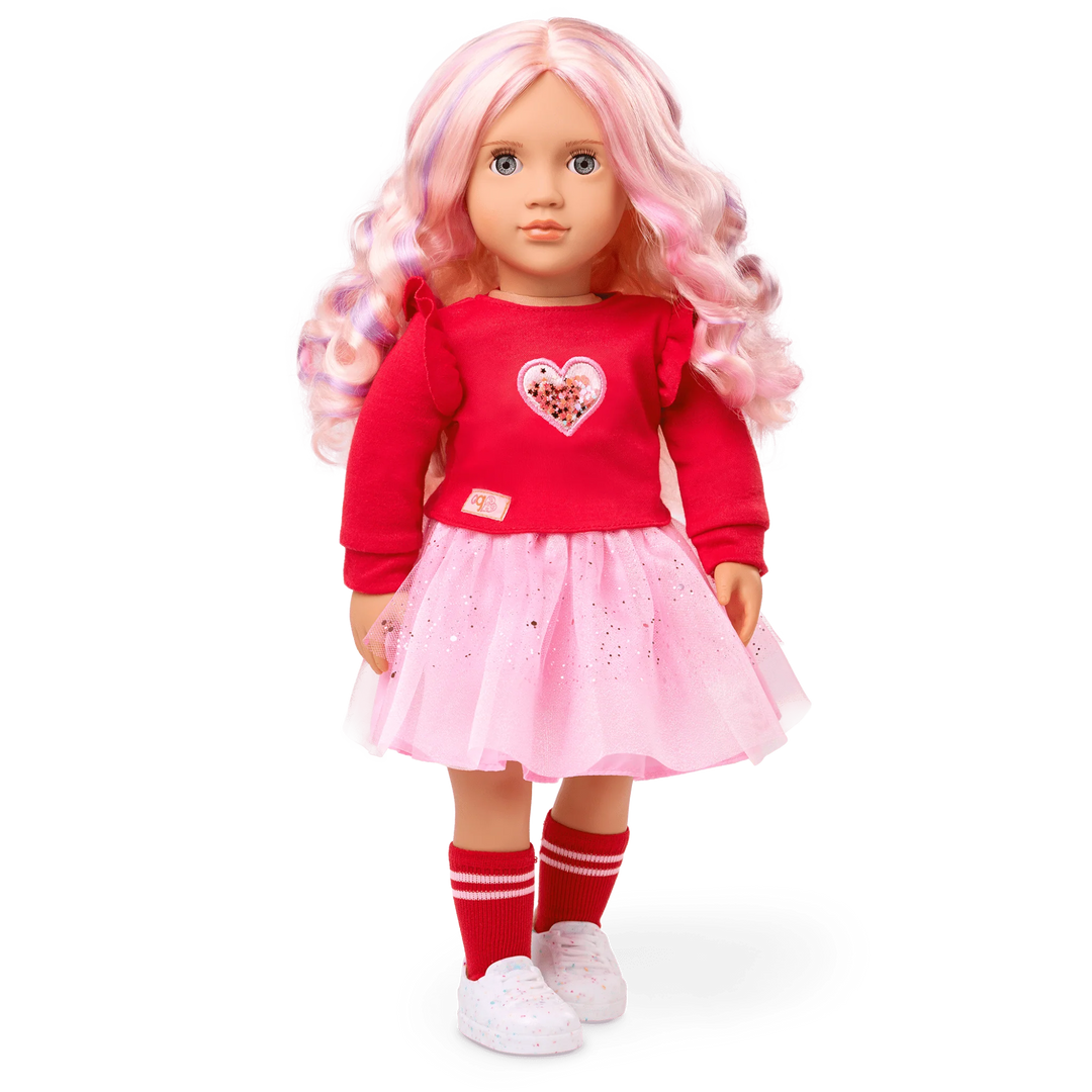 coralie our generation doll with pink hair pink skirt and red shirt with love heart design