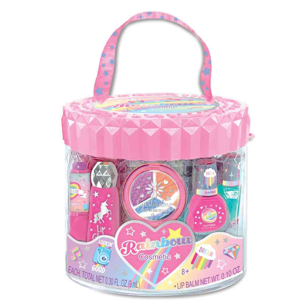 Children's makeup set in a pink carrying case with various cosmetic items.