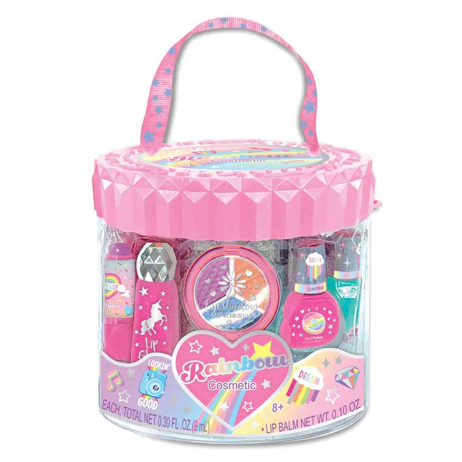 Children's makeup set in a pink carrying case with various cosmetic items.