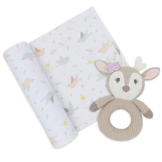 Cotton Swaddle and Rattle Set Ava Fawn