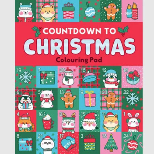 countdown to christmas colouring pad cover with cube designated for every day leading up to christmas in green, blue, red, and pink
