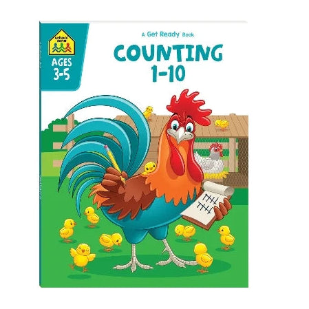 A children's counting book titled 'COUNTING 1-10' with a colorful illustration of a rooster and yellow chicks on the cover, shown against a plain white background.
