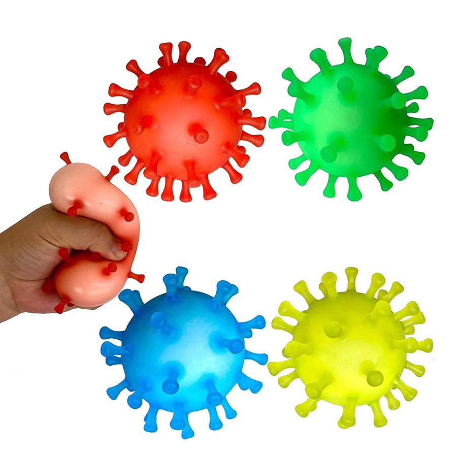 Colorful stress ball shaped like a virus with a hand squeezing one of them on a white background