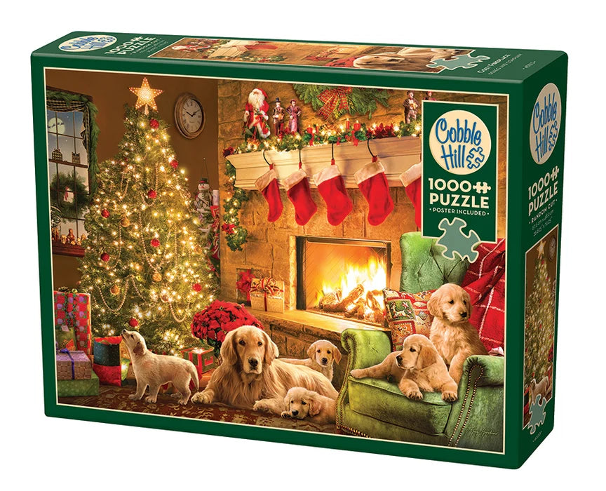 cobble hill cozy fireplace puzzle in green packaging with dogs sat around a fireplace with christmas decorations