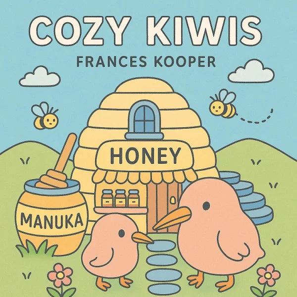 Book cover of 'Cozy Kiwis' by Frances Kooper with a honeycomb, kiwis, and bees.