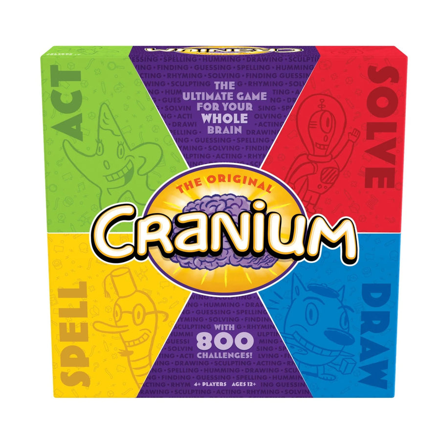 Cranium board game box shown front-on against a plain white background. The packaging is divided into six bright color panels labeled Act, Solve, Spell, Draw, and two purple sections, with the large title 'Cranium' across the center and a brain illustration in the middle.