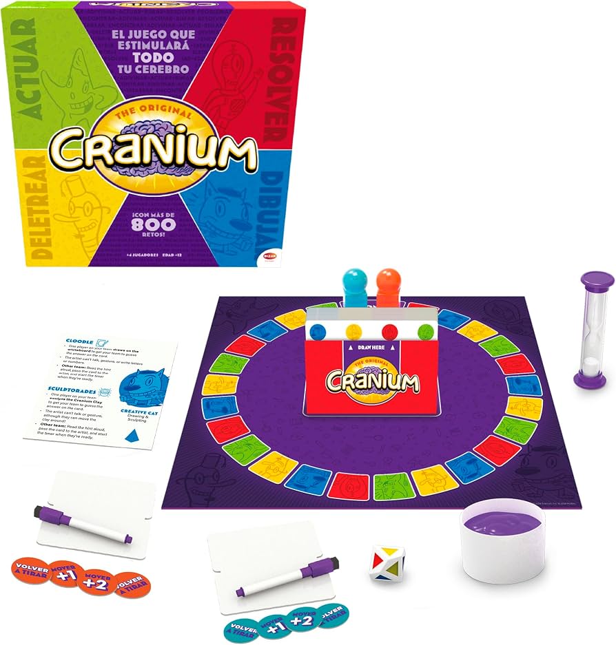 The Original Cranium board game set displayed with its colorful retail box, play mat, tokens, dice, cups, and instruction cards on a clean white background.