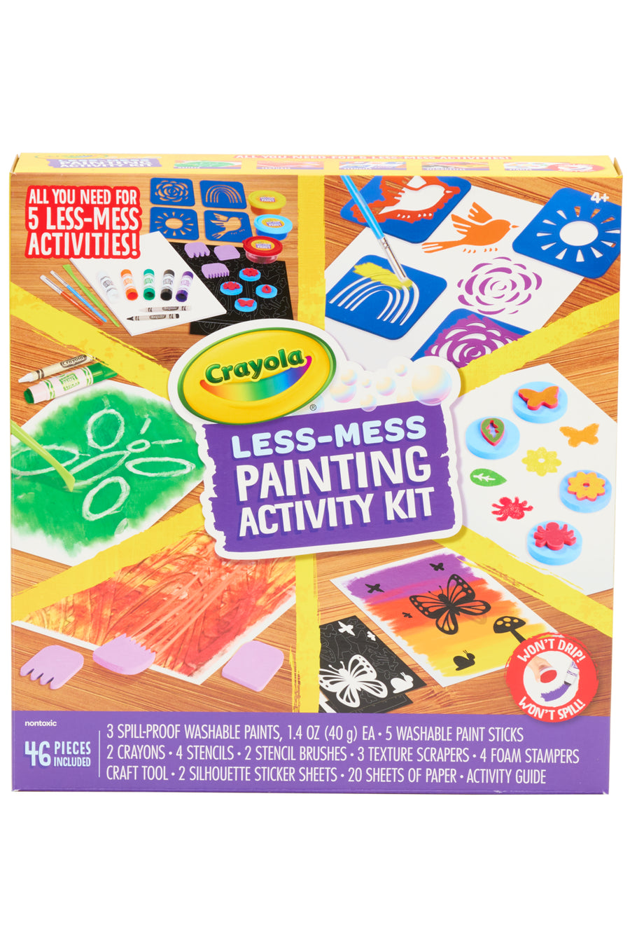 Crayola Less-Mess Painting Activity Kit packaging with colorful designs and text.