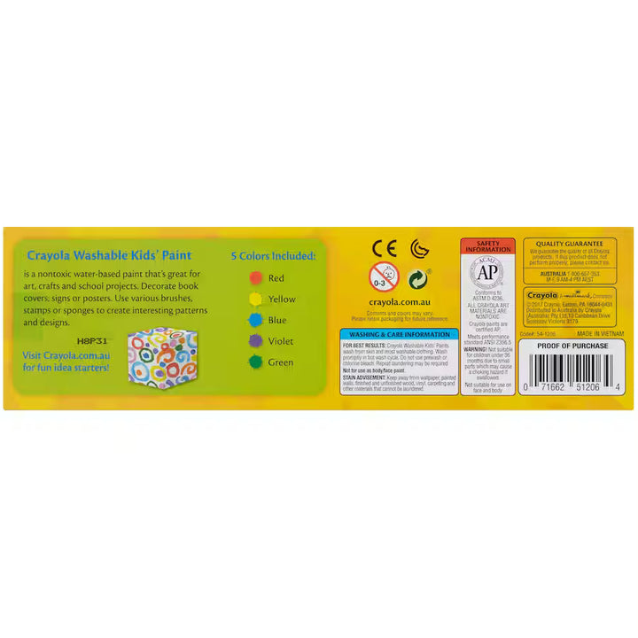 Crayola washable kids' paint packaging with product details and safety information on a white background