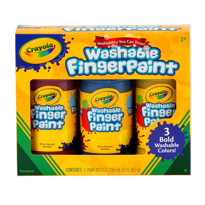 Crayola Washable Fingerpaint set packaging with three paint bottles on a white background