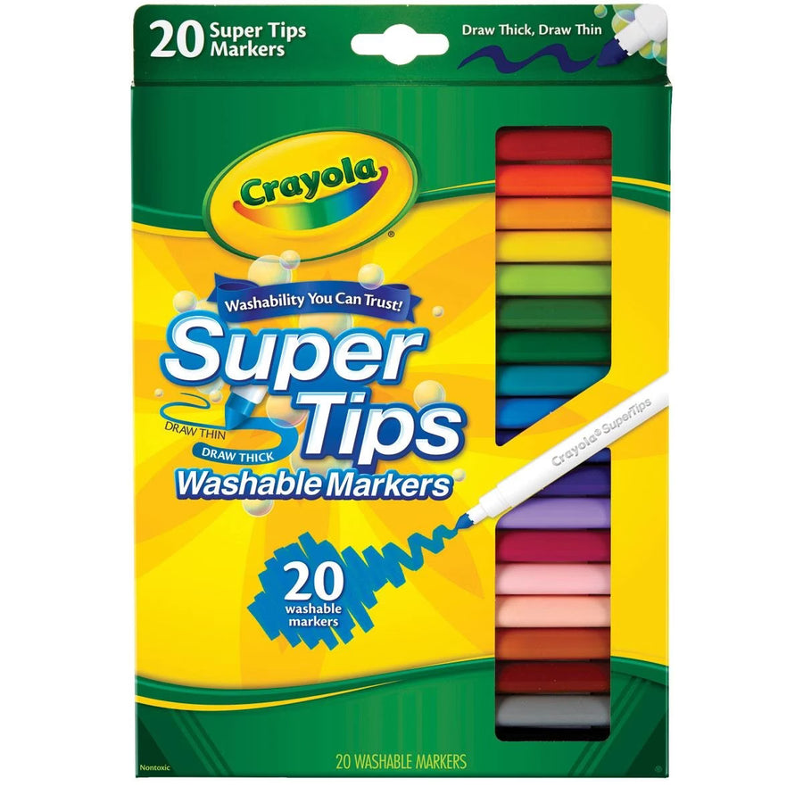 Crayola Super Tips washable markers packaging with 20 markers inside.