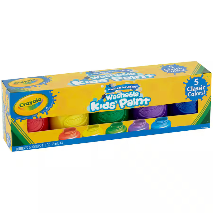 Crayola Washable Kids' Paint set with five classic colors on a white background
