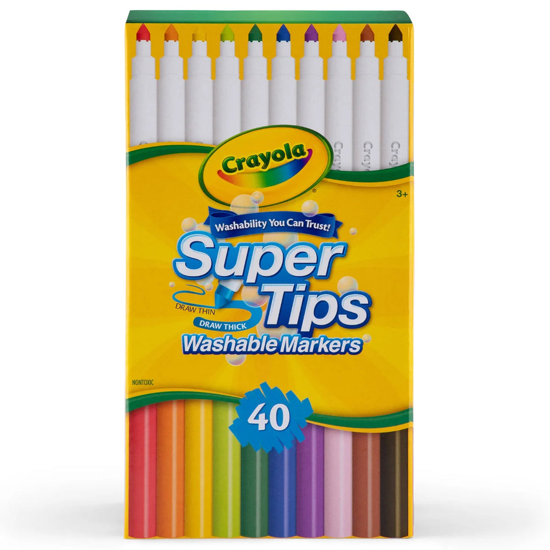crayola super tips yellow box on white background. featuring with packaging featuring washable markers and green highlights.