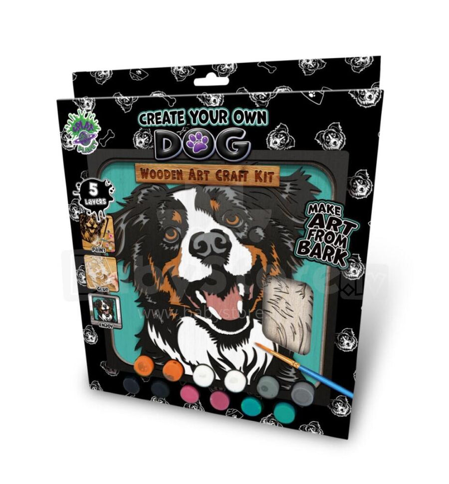 Wooden art craft kit packaging with a dog illustration and paint colors on a white background.
