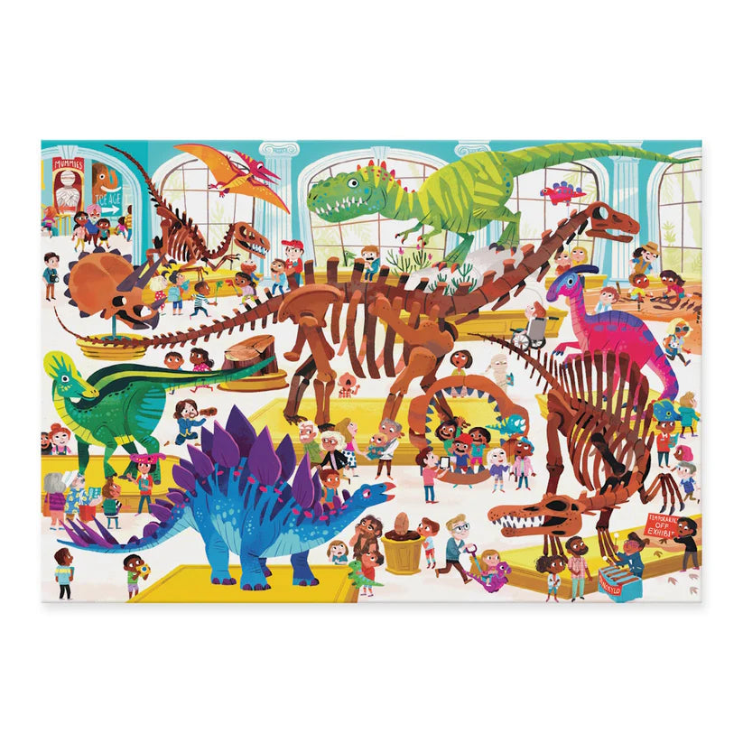 Children's 60 piece puzzle with colorful dinosaur illustrations and people in a museum setting