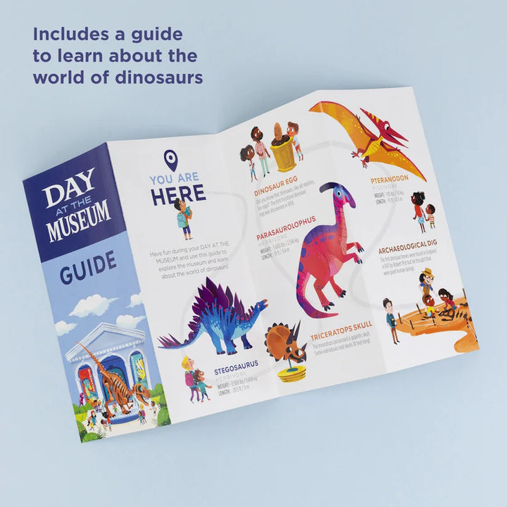 Children's guide to dinosaurs with colorful illustrations on a light blue background