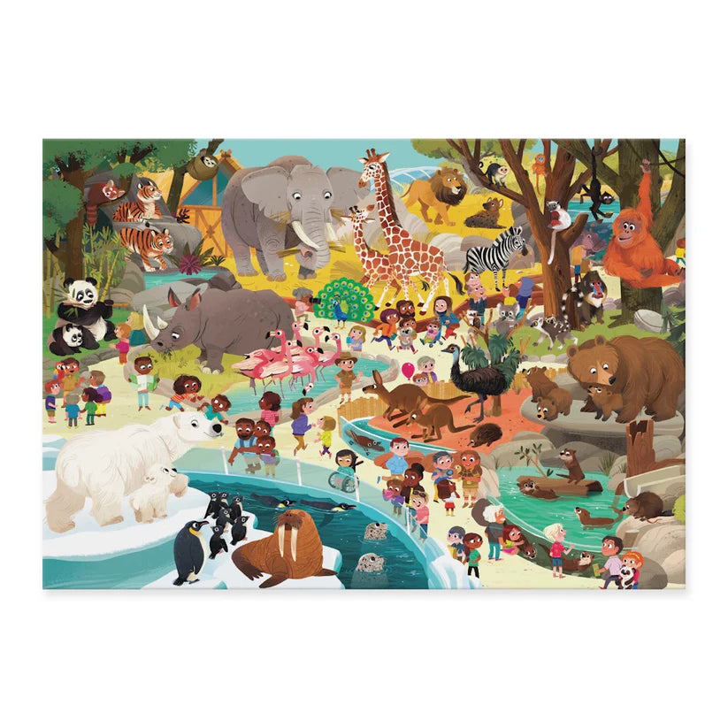 Illustration of various animals and people in a natural setting with trees and water bodies.