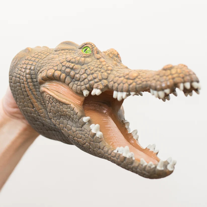 A realistic crocodile toy or prop with an open mouth and green eye, being held by a human hand against a plain light background.