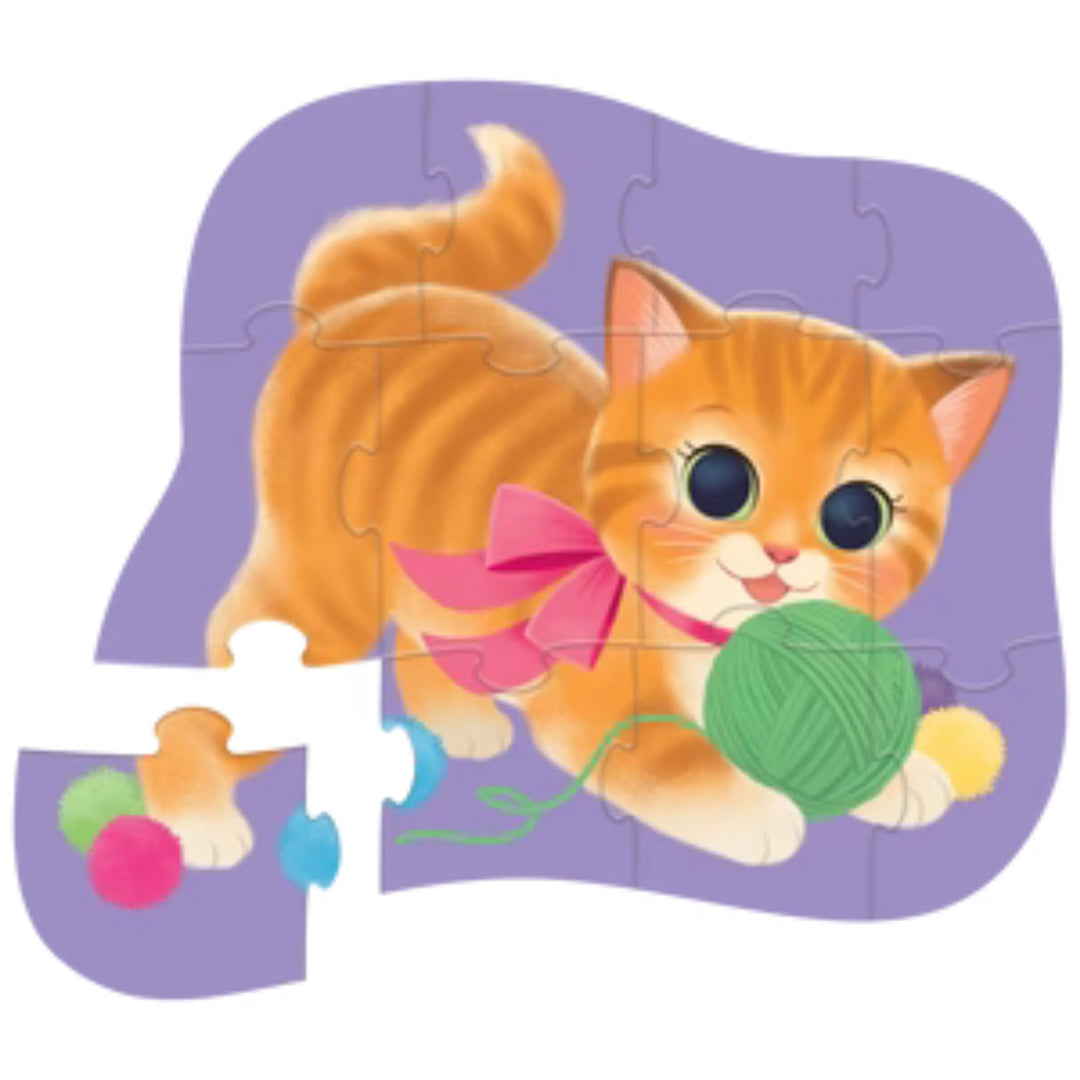 Children's puzzle with a cat and yarn ball on a purple background