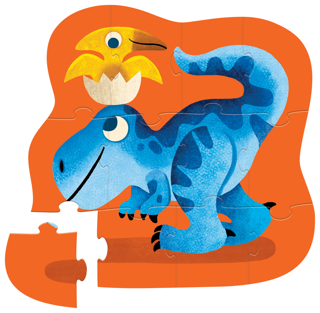 Children's dinosaur puzzle with a blue T-Rex and yellow chick on an orange background