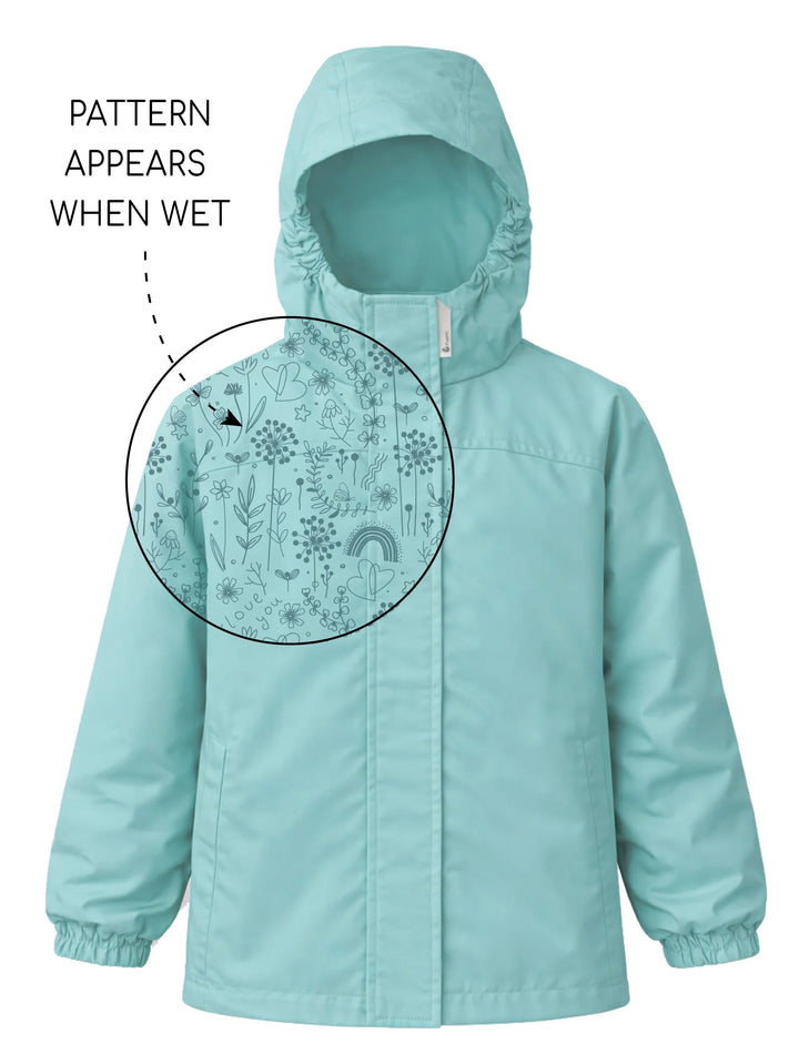 Light blue raincoat with a pattern that appears when wet, on a white background.