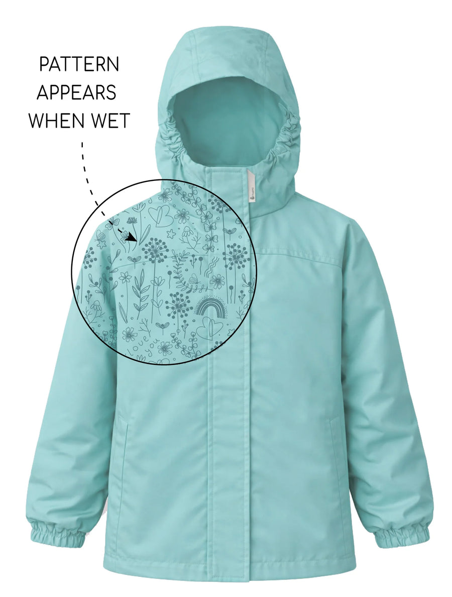Light blue raincoat with a pattern that appears when wet, on a white background.