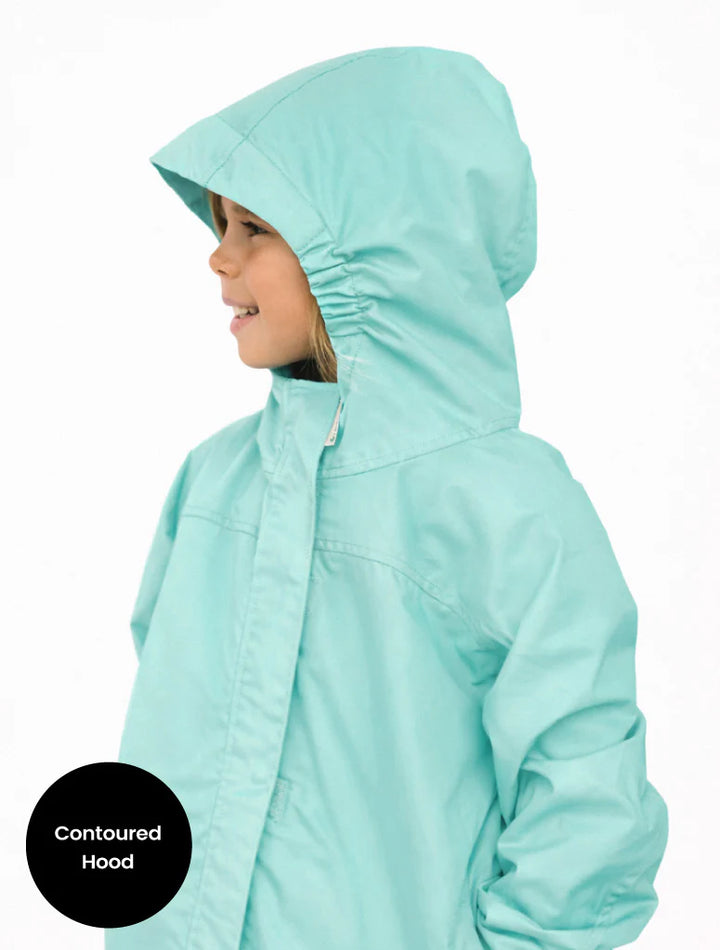 Child wearing a light blue raincoat with a contoured hood on a white background