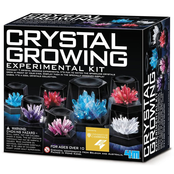 4M Crystal Growing Experimental Kit box, showing the retail packaging with product imagery of colorful crystals in black display cups on a black background.
