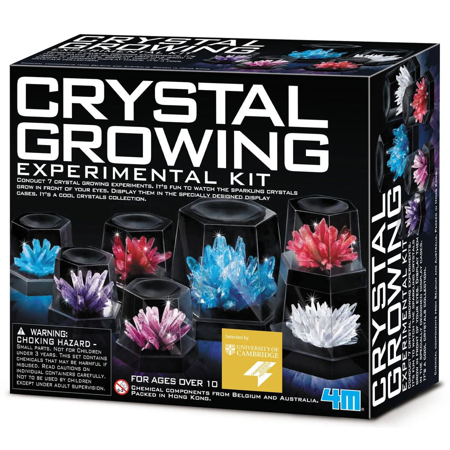 4M Crystal Growing Experimental Kit box, showing the retail packaging with product imagery of colorful crystals in black display cups on a black background.