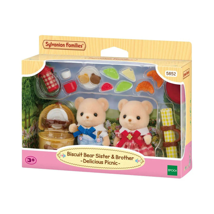 Sylvanian Families Biscuit Bear Sister & Brother set packaging with picnic items.