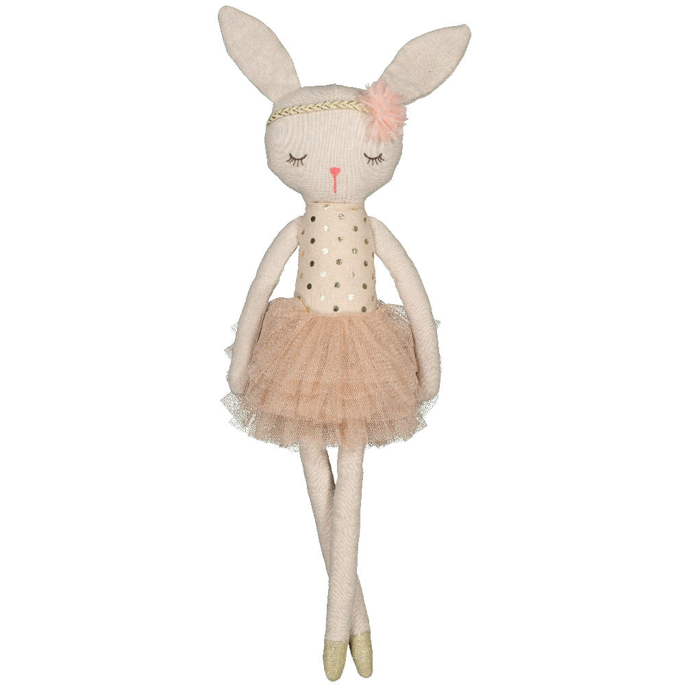 Stuffed bunny doll with a beige dress and headband on a white background-Delilah Dancing Bunny