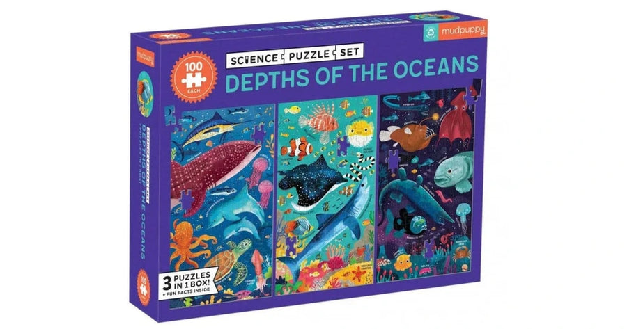 Jigsaw puzzle box titled 'Depths of the Oceans' with colorful illustrations on a white background