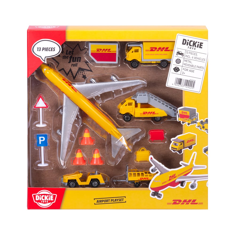 dickies dhl airport playset in yellow and red packaging showcasing all the different toys inside the playset