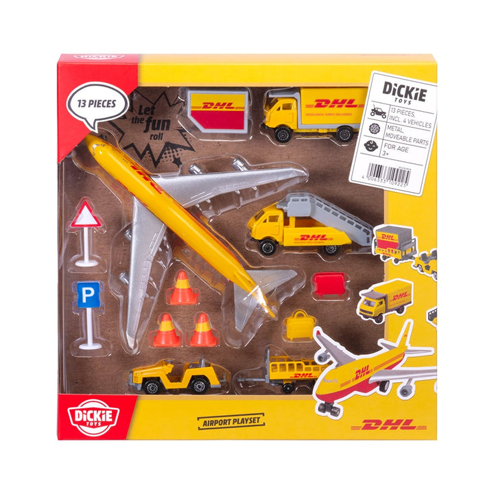 dickies dhl airport playset in yellow and red packaging showcasing all the different toys inside the playset