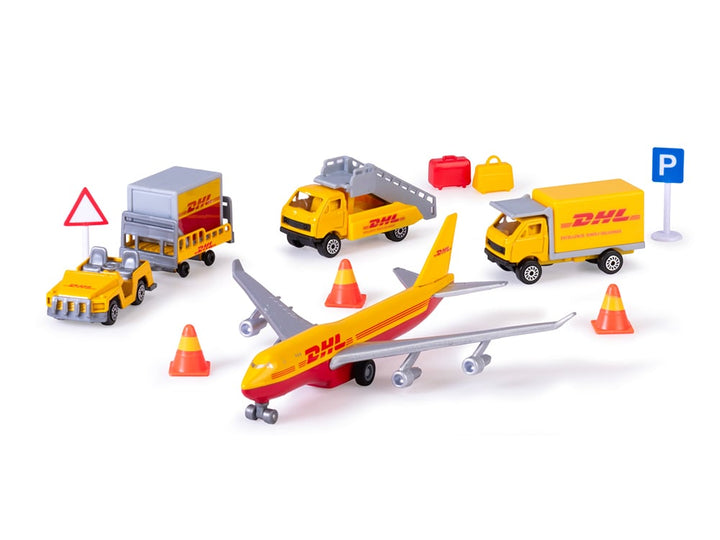 dhl airplane, van, truck, and other vehicles all laid out on a white background