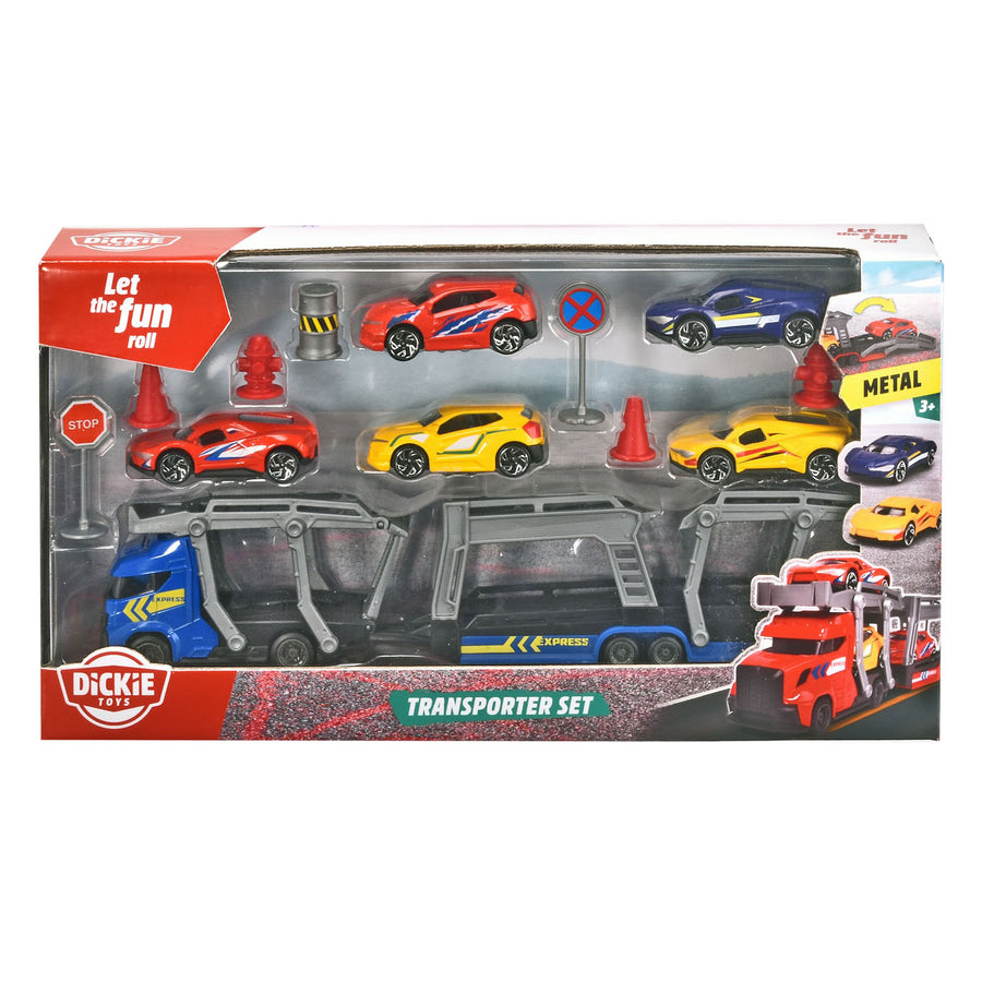 Dickie Transporter Set Toy transporter set packaging with cars and a truck on a white background