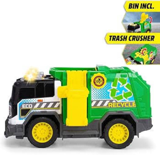 A toy garbage truck with a green and yellow body, black cab, and yellow wheels, shown on a white background with promotional callouts for a trash bin and trash crusher.