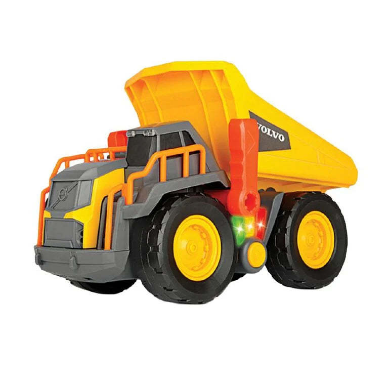 Toy dump truck with Volvo branding on a white background