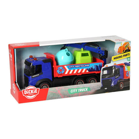 A boxed Dickie Flip toy city truck with recycling theme, shown in its retail packaging against a plain white background.