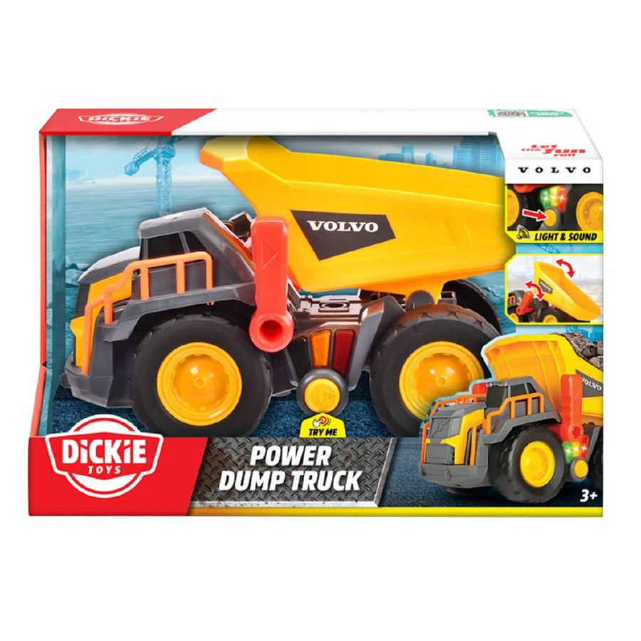 Toy dump truck with Volvo branding on its packaging, featuring Dickie Toys logo.