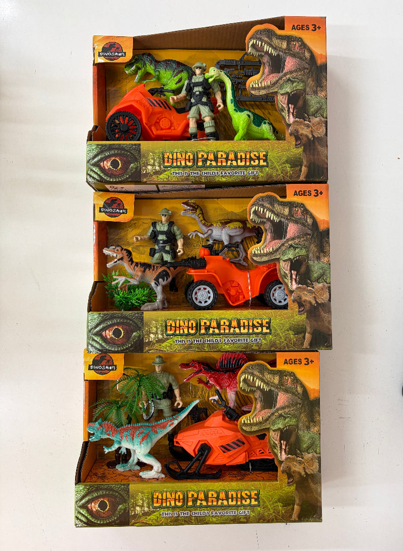 Three boxed toy sets labeled DINO PARADISE stacked vertically on a plain white background. Each package contains dinosaur figures, a small orange vehicle, and dinosaur-themed packaging graphics.