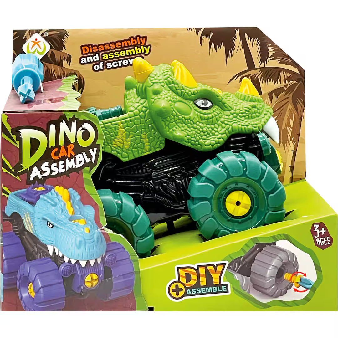 Dino Car Assembly DIY toy set in its original retail packaging, featuring a green dinosaur monster truck with a black body and large green wheels, alongside a blue dinosaur figure and assembly instructions.