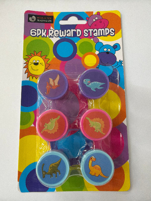 Colorful package of 6 dinosaur Reward Stamps with variousl designs on a white background
