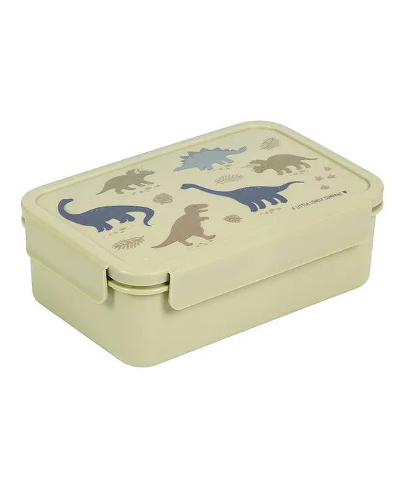 A rectangular plastic lunch box with a hinged lid, in a pale cream color decorated with colorful dinosaur illustrations on the lid, shown against a plain white background.
