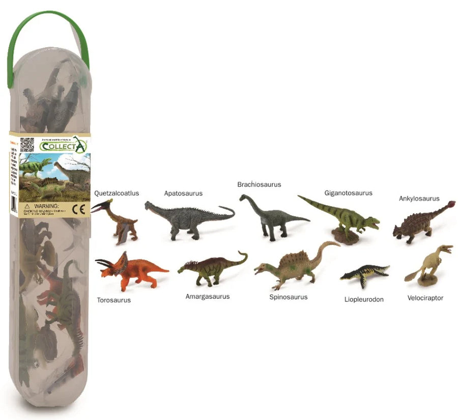 collecta dinosaurs in tube casing and beside tube casing on white background detailing every dinosaur included